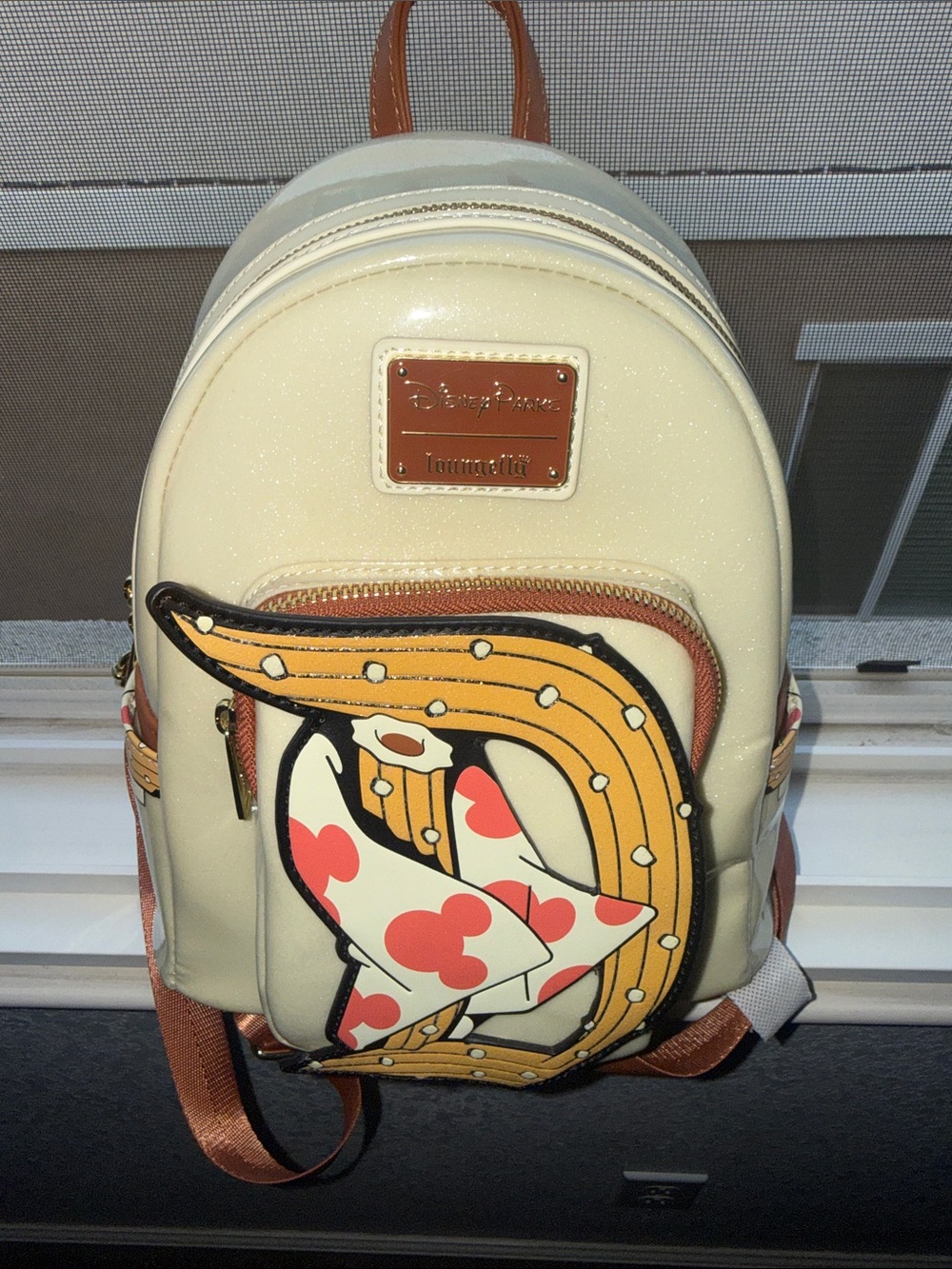 Loungefly Cream Mini Backpack with Pink Heart Accents and Tan Trim